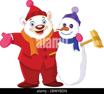 Happy polar bear hugging a snowman Stock Vector