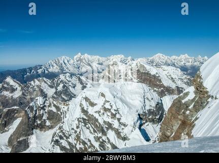 Nepal. Trek to Mera Peak. Sweeping panorama of Himalayan peaks from the summit of Mera Peak at 6476m, looking in the direction of Cho Oyu. Stock Photo