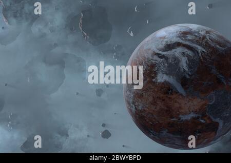 Lifeless Earth planet in space asteroid field with dust. Science fiction 3d render illustration. Elements of this image were furnished by NASA. Stock Photo