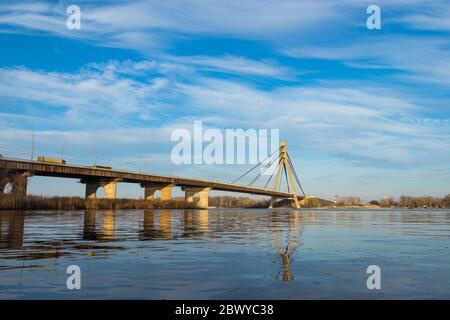 Aerial of the south bridge, city Kyiv Ukraine. South Bridge city of Kiev. The river of the Dnieper, the bridge crosses the river. Stock Photo