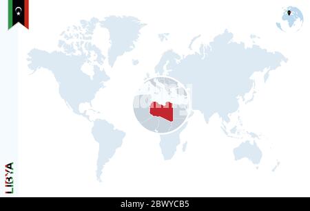 World map with magnifying on Libya. Blue earth globe with Libya flag pin. Zoom on Libya map. Vector Illustration Stock Vector