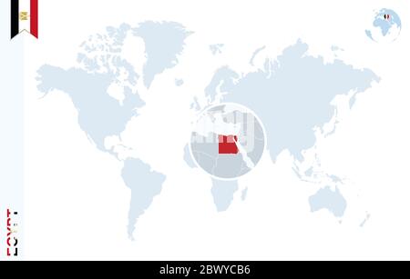 World map with magnifying on Egypt. Blue earth globe with Egypt flag pin. Zoom on Egypt map. Vector Illustration Stock Vector