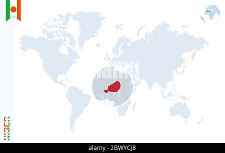 World map with magnifying on Niger. Blue earth globe with Niger flag pin. Zoom on Niger map. Vector Illustration Stock Vector