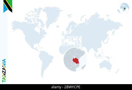 Tanzania on world globe with flag and regional map of Tanzania. Vector ...