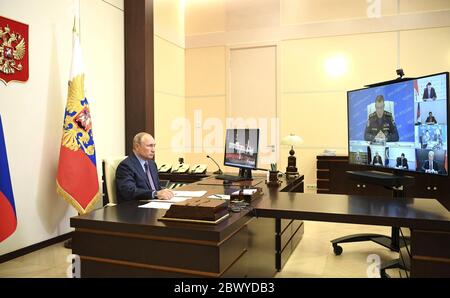 Novo-Ogaryovo, Russia. 03rd June, 2020. Russian President Vladimir Putin, chairs a meeting via video conference to discuss a diesel fuel spill in the Krasnoyarsk Region from his office at the Novo-Ogaryovo state residence June 3, 2020 outside Moscow, Russia. Credit: Aleksey Nikolskyi/Kremlin Pool/Alamy Live News Stock Photo