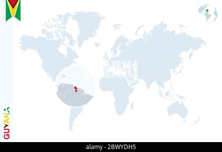 World map with magnifying on Guyana. Blue earth globe with Guyana flag pin. Zoom on Guyana map. Vector Illustration Stock Vector