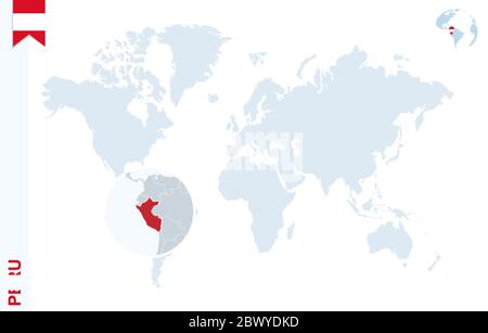 World map with magnifying on Peru. Blue earth globe with Peru flag pin. Zoom on Peru map. Vector Illustration Stock Vector