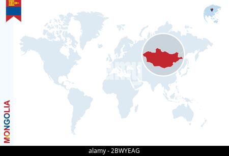 World map with magnifying on Mongolia. Blue earth globe with Mongolia flag pin. Zoom on Mongolia map. Vector Illustration Stock Vector