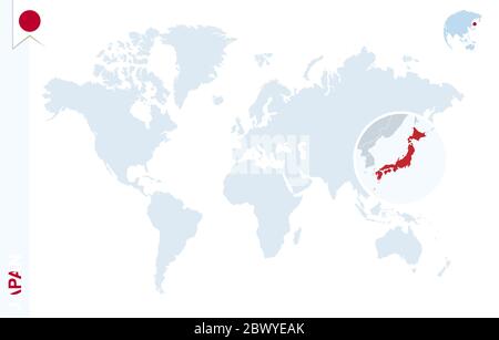World map with magnifying on Japan. Blue earth globe with Japan flag pin. Zoom on Japan map. Vector Illustration Stock Vector