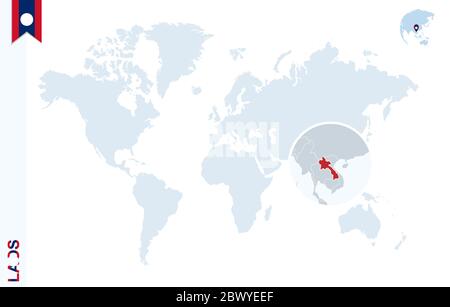 World map with magnifying on Laos. Blue earth globe with Laos flag pin. Zoom on Laos map. Vector Illustration Stock Vector
