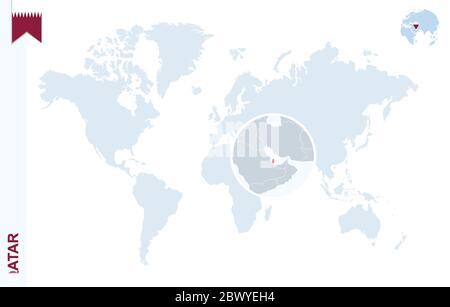 World map with magnifying on Qatar. Blue earth globe with Qatar flag pin. Zoom on Qatar map. Vector Illustration Stock Vector