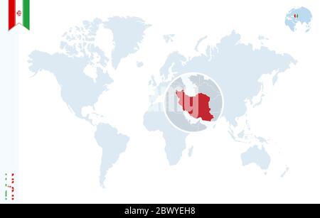 World map with magnifying on Iran. Blue earth globe with Iran flag pin. Zoom on Iran map. Vector Illustration Stock Vector