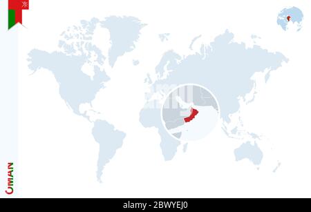 World map with magnifying on Oman. Blue earth globe with Oman flag pin. Zoom on Oman map. Vector Illustration Stock Vector