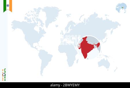 World map with magnifying on India. Blue earth globe with India flag pin. Zoom on India map. Vector Illustration Stock Vector