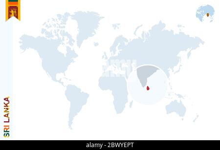 World map with magnifying on Sri Lanka. Blue earth globe with Sri Lanka flag pin. Zoom on Sri Lanka map. Vector Illustration Stock Vector