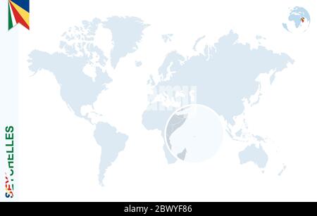 World map with magnifying on Seychelles. Blue earth globe with Seychelles flag pin. Zoom on Seychelles map. Vector Illustration Stock Vector