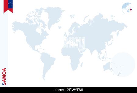 World map with magnifying on Samoa. Blue earth globe with Samoa flag pin. Zoom on Samoa map. Vector Illustration Stock Vector