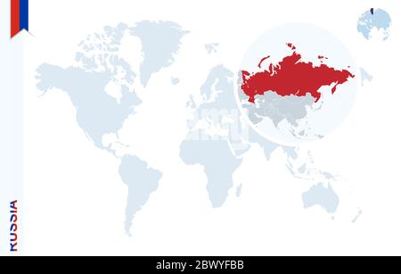 World map with magnifying on Russia. Blue earth globe with Russia flag pin. Zoom on Russia map. Vector Illustration Stock Vector