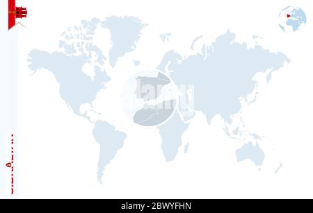 World map with magnifying on Gibraltar. Blue earth globe with Gibraltar flag pin. Zoom on Gibraltar map. Vector Illustration Stock Vector