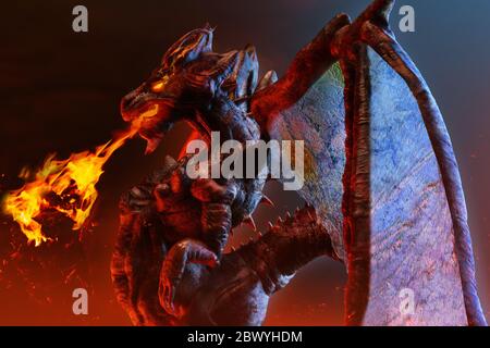 3d render illustration of dragon fantasy creature standing and breathing fire side view. Stock Photo