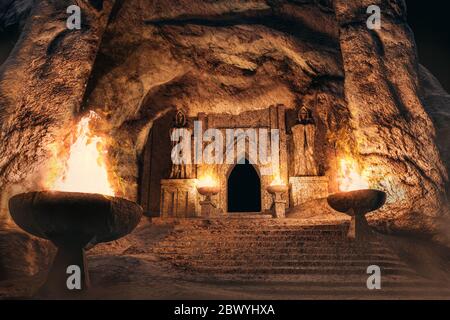 3d render environtment illustration of the temple entrance cave with monk statues and burning torches. Stock Photo