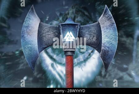 3d render illustration of frozen viking axe with glowing Valknut symbol front view. Stock Photo
