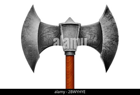 Isolated 3d render illustration of viking two-sided steel axe on white background front view. Stock Photo