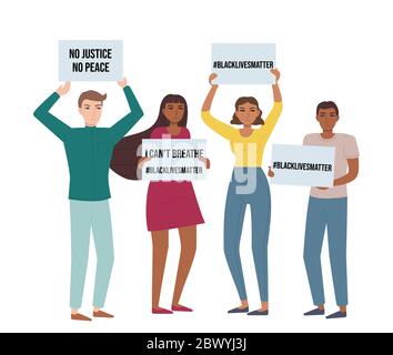 Crowd protest with posters against violence. Black lives matters, anti-racism demonstration, miting, activism, concept. Stock vector illustration in Stock Vector