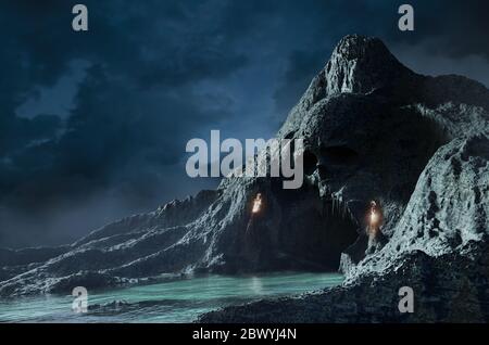 3d render illustration of sea skull cave with hills and torches side view. Stock Photo