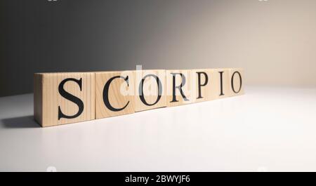 Scorpio word on wooden cubes on white background. Stock Photo