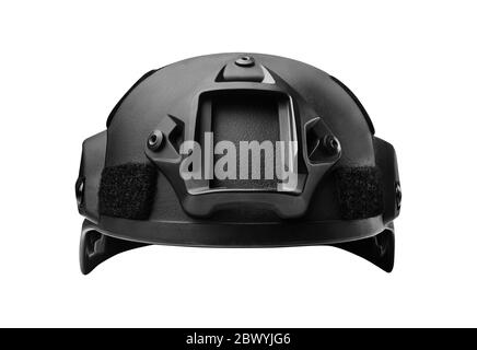 Isolated photo of a black soldier helmet front view. Stock Photo