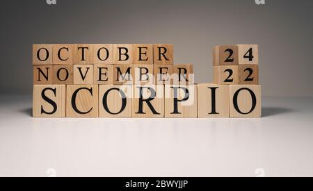 Scorpio word on wooden cubes on white background. Stock Photo