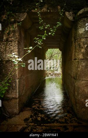 River stream under a old tunnel bridge on the middle of the woods Stock Photo