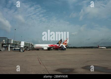 Air India Boeing 737-800 and Singapore Airlines Boeing 777 aircrafts at Bandaranaike International Airport. Sri Lanka Stock Photo