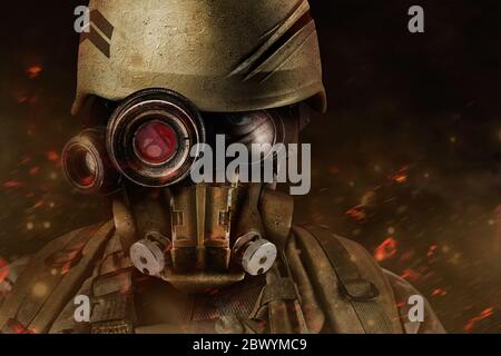 Isolated photo of a futuristic robot soldier portrait standing in helmet and armor on dark background with ashes and dust. Stock Photo