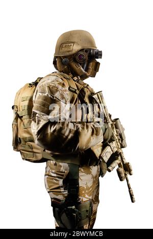 Isolated photo of a futuristic robot soldier standing with automatic rifle on white background side view. Stock Photo