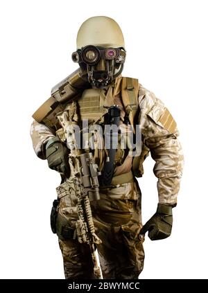 Isolated photo of a futuristic robot soldier standing with automatic rifle on white background front view. Stock Photo