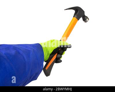 Isolated photo of a worker hand in gloves holding hammer, first person view. Stock Photo