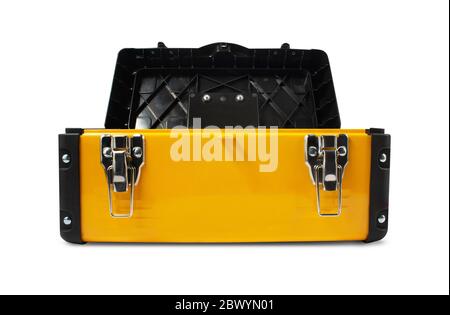 Opened yellow toolbox with orange arm grip isolated on white background front view. Stock Photo
