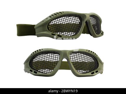 Isolated photo of green tactical military and strikeball glasses on white background. Stock Photo