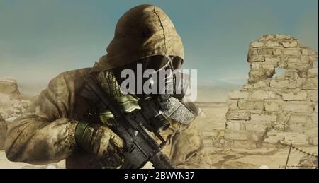 Photo of a desert post-apocalyptic soldier in tactical jacket, gas mask, gloves, rifle and armor standing on daylight wasteland background side view. Stock Photo
