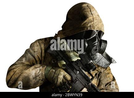 Isolated photo of a desert post-apocalyptic soldier in tactical jacket, gas mask, gloves, rifle and armor standing on white background side view. Stock Photo