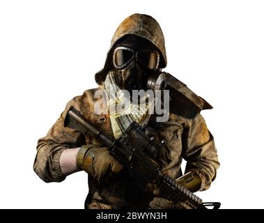 Isolated photo of a desert post-apocalyptic soldier in tactical jacket, gas mask, gloves, rifle and armor on white background front view. Stock Photo