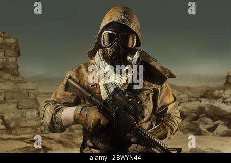Photo of a desert post-apocalyptic soldier in tactical jacket, gas mask, gloves, rifle and armor on wasteland background front view. Stock Photo