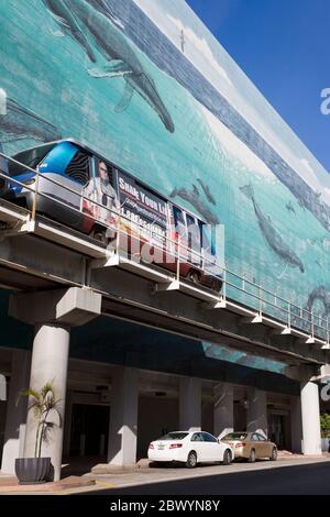 Metromover & mural by Wyland on SE 1st Street, Miami, Florida, USA Stock Photo
