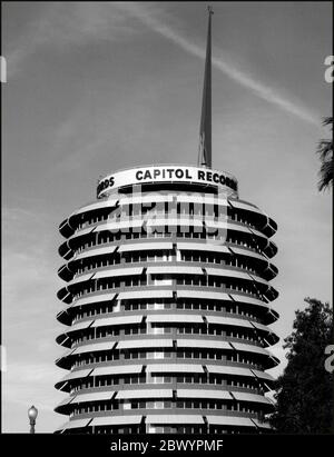 Classic black and white architectural study of the Capitol Records building in Hollywood, CA Stock Photo