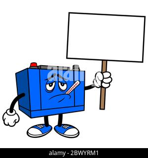 Car Battery Sick with Sign- A Cartoon Illustration of a Sick Car Battery with a Sign. Stock Vector