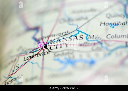 Shallow depth of field focus on geographical map location of Kansas city United States of America USA continent on atlas Stock Photo