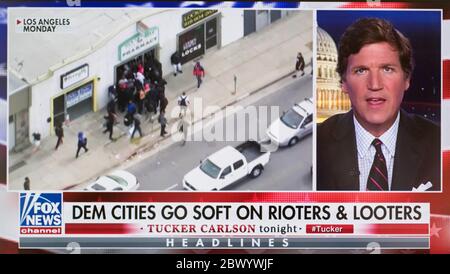New York, New York, USA. 03rd June, 2020. A screen grab of the Fox News Channel's TUCKER CARLSON during 'Tucker Carlson Tonight.' Fox's prime time anchors and the Fox graphics department weigh in each weekday evening with commentary and characterizations, respectively, about the nationwide protests following the death of George Floyd while in police custody in Minneapolis. Credit: Brian Cahn/ZUMA Wire/Alamy Live News Stock Photo