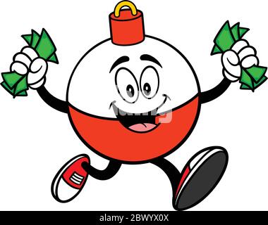 Fishing Bobber Mascot Running with Money- A Cartoon Illustration of a Fishing Bobber Mascot Running with Money. Stock Vector